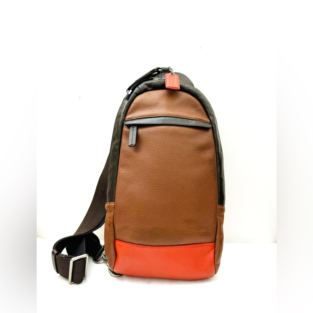 Authentic Coach F79022 Men's Crossbody Bag In Brown With An Orange Accent